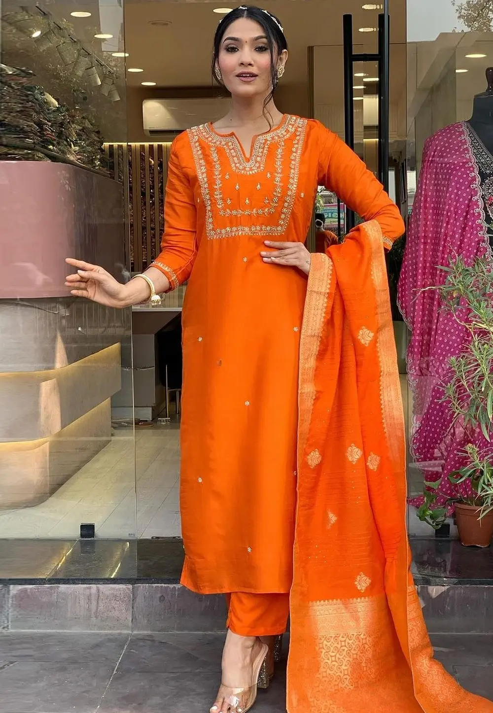 Orange Viscose Readymade Pakistani Suit 299673