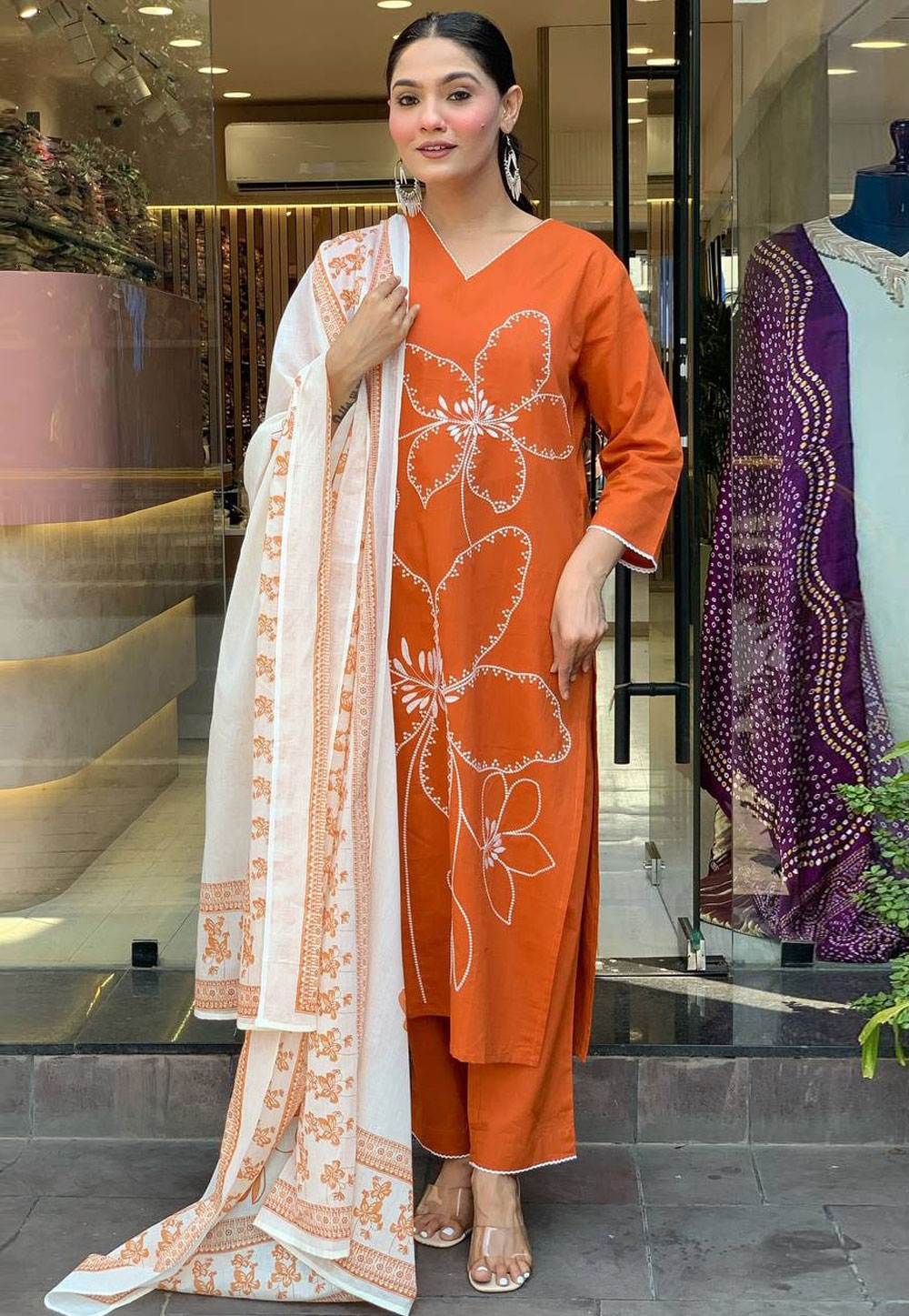 Orange Viscose Readymade Pant Style Suit 311118