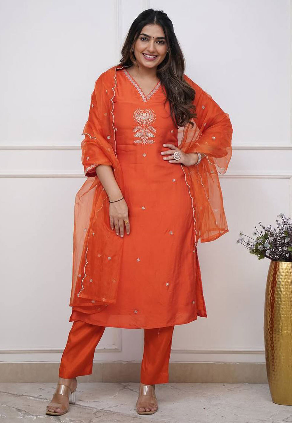 Orange Viscose Readymade Pant Style Suit 309474