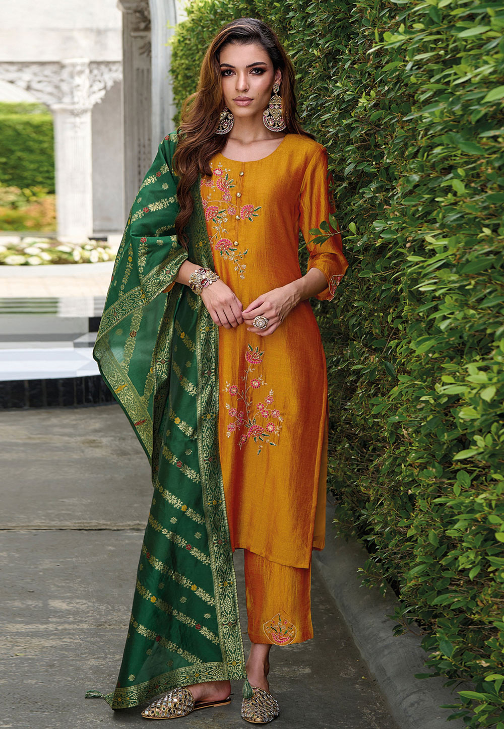Orange Viscose Readymade Pant Style Suit 309486