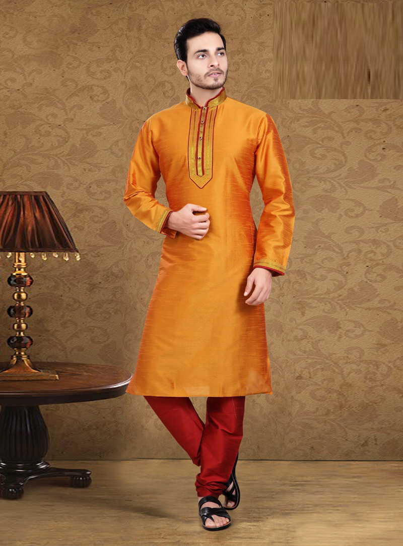 Orange Art Silk Readymade Kurta Pajama 105610