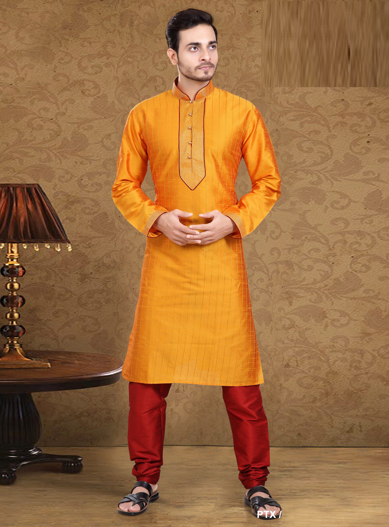 Orange Art Silk Readymade Kurta Pajama 105621