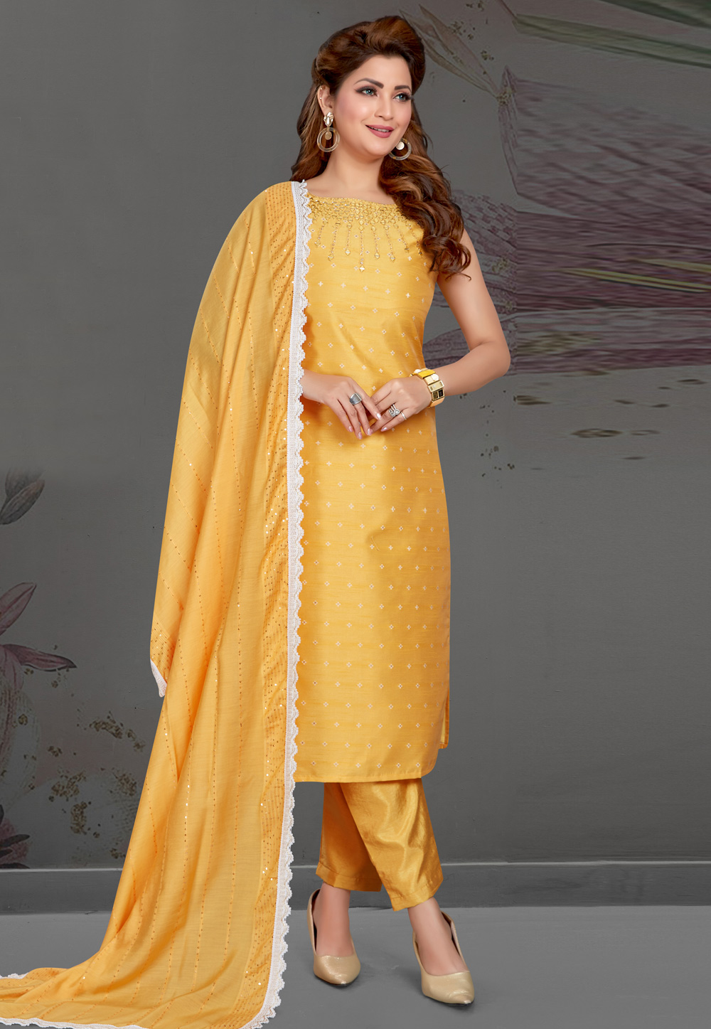 Yellow Art Silk Readymade Pant Style Suit 231385