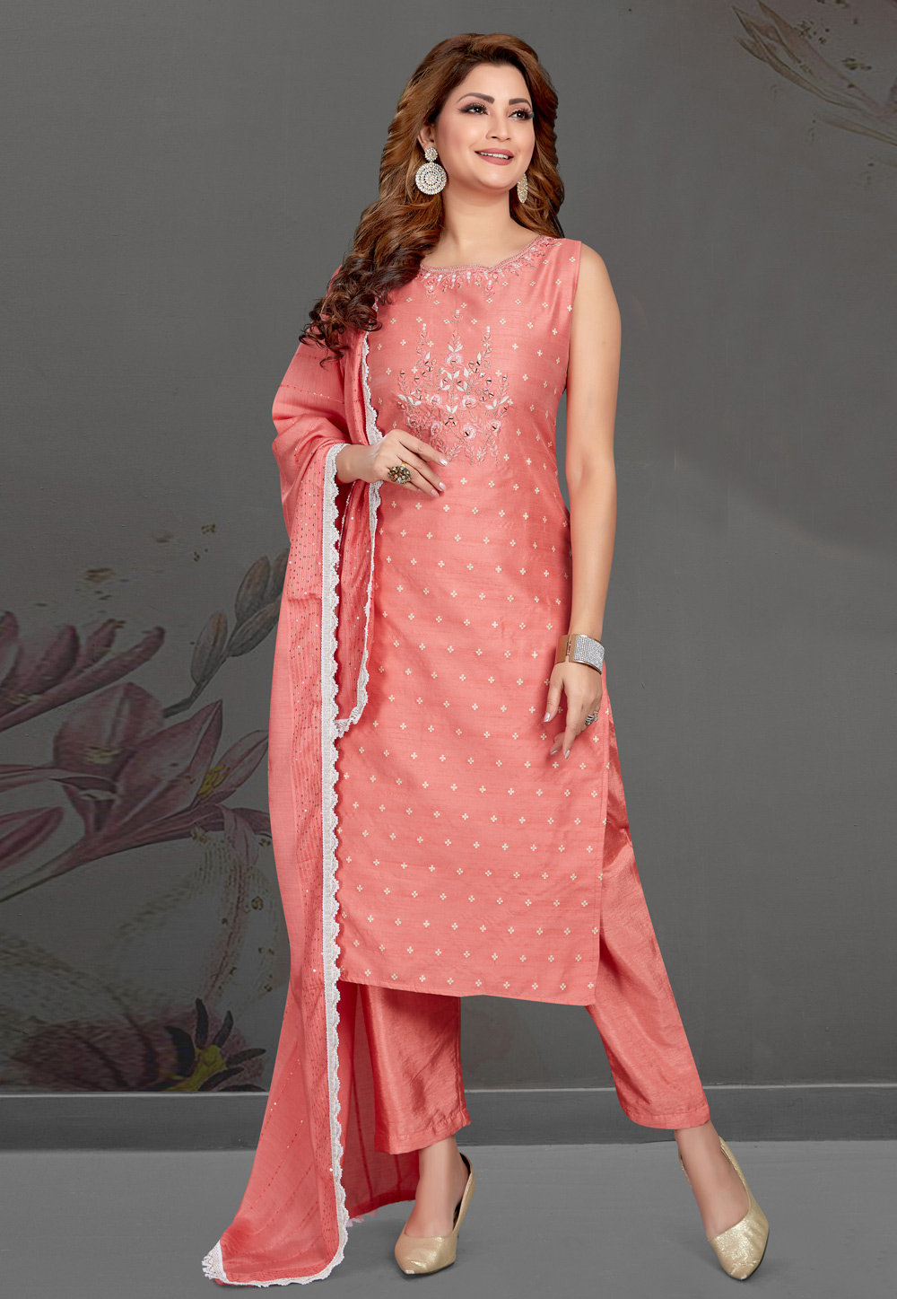 Pink Art Silk Readymade Kameez With Pant 231386