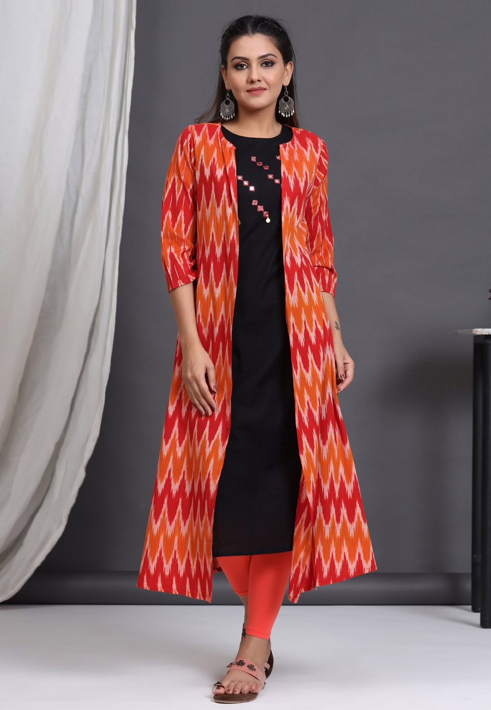 Black Cotton Readymade Tunic With Jacket 212990