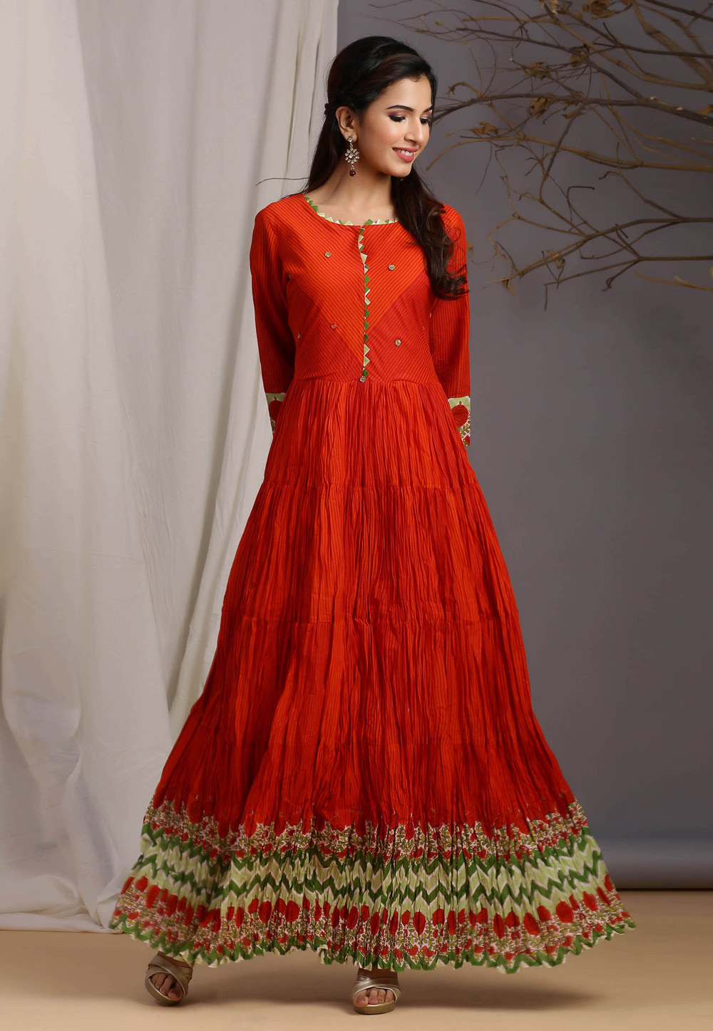Red Cotton Readymade Gown 212972