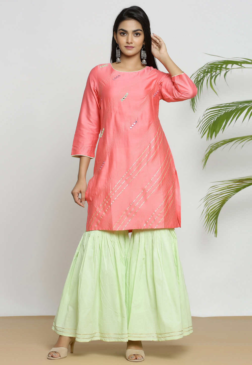 Pink Silk Readymade Kurta Set With Sharara 213010