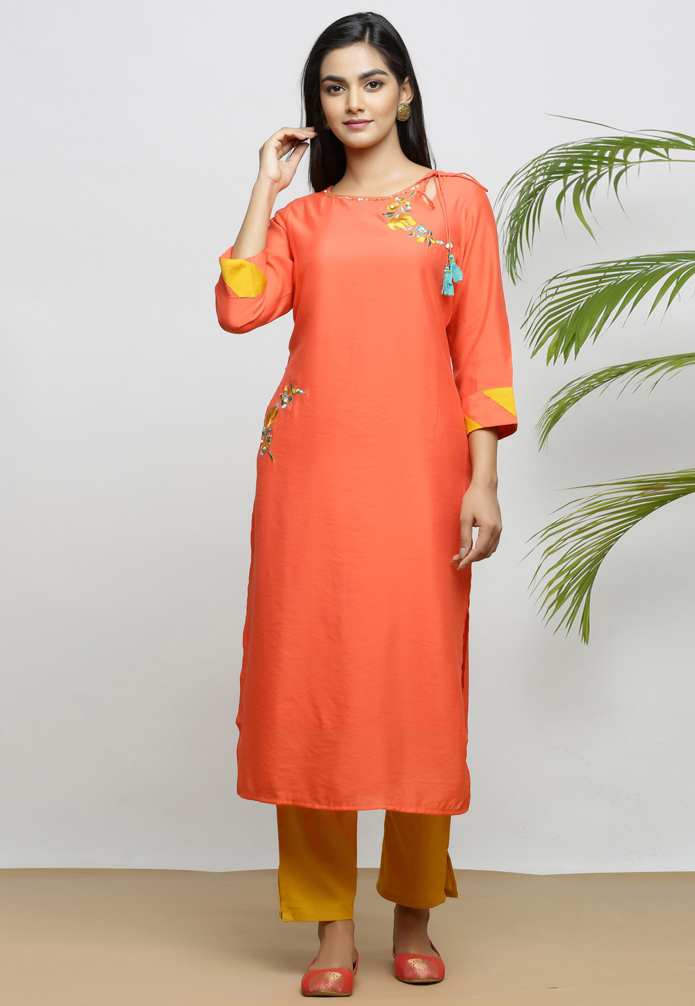 Orange Chanderi Silk Readymade Kurta Set With Pant 213012