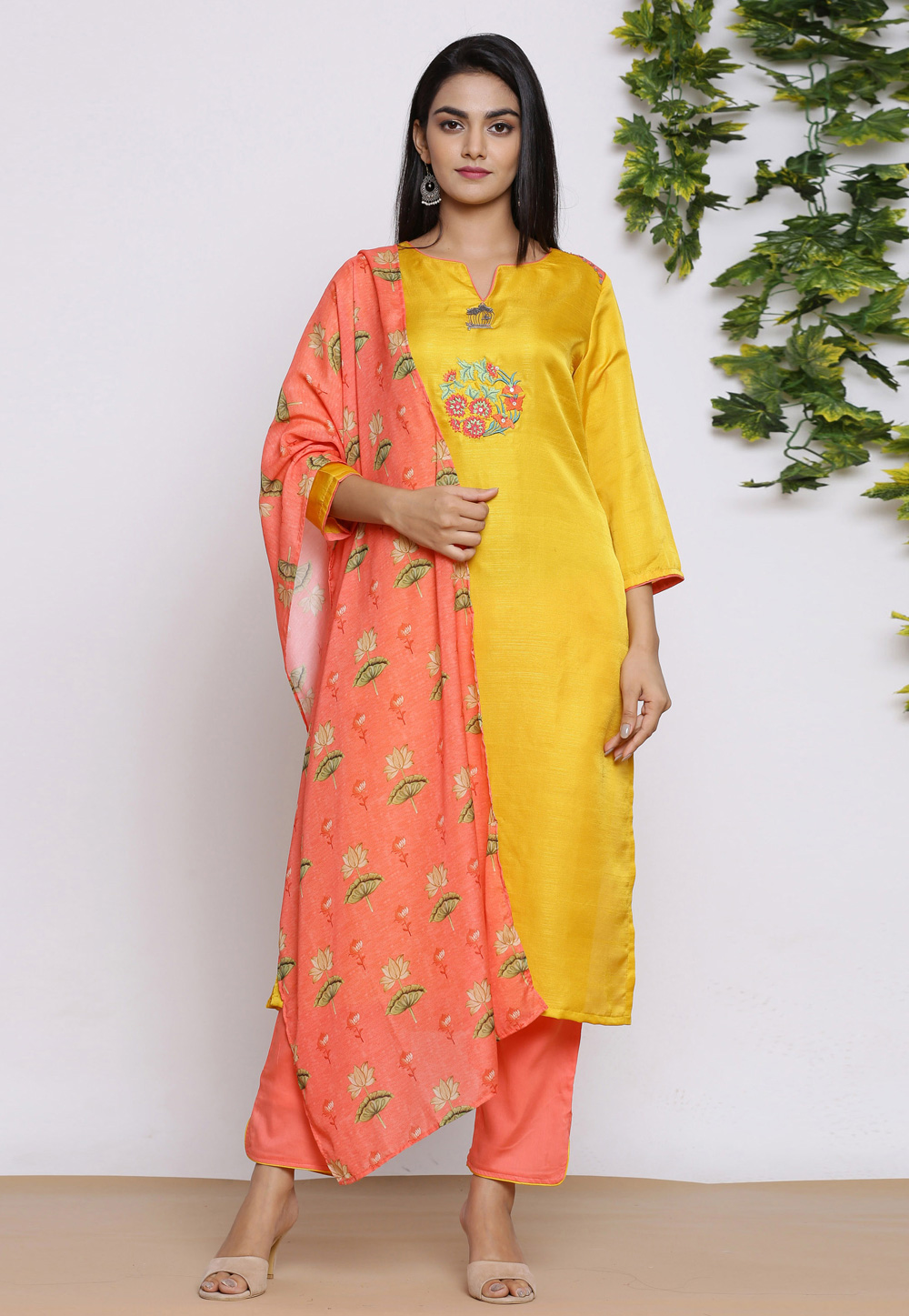 Yellow Silk Readymade Pant Style Suit 213329