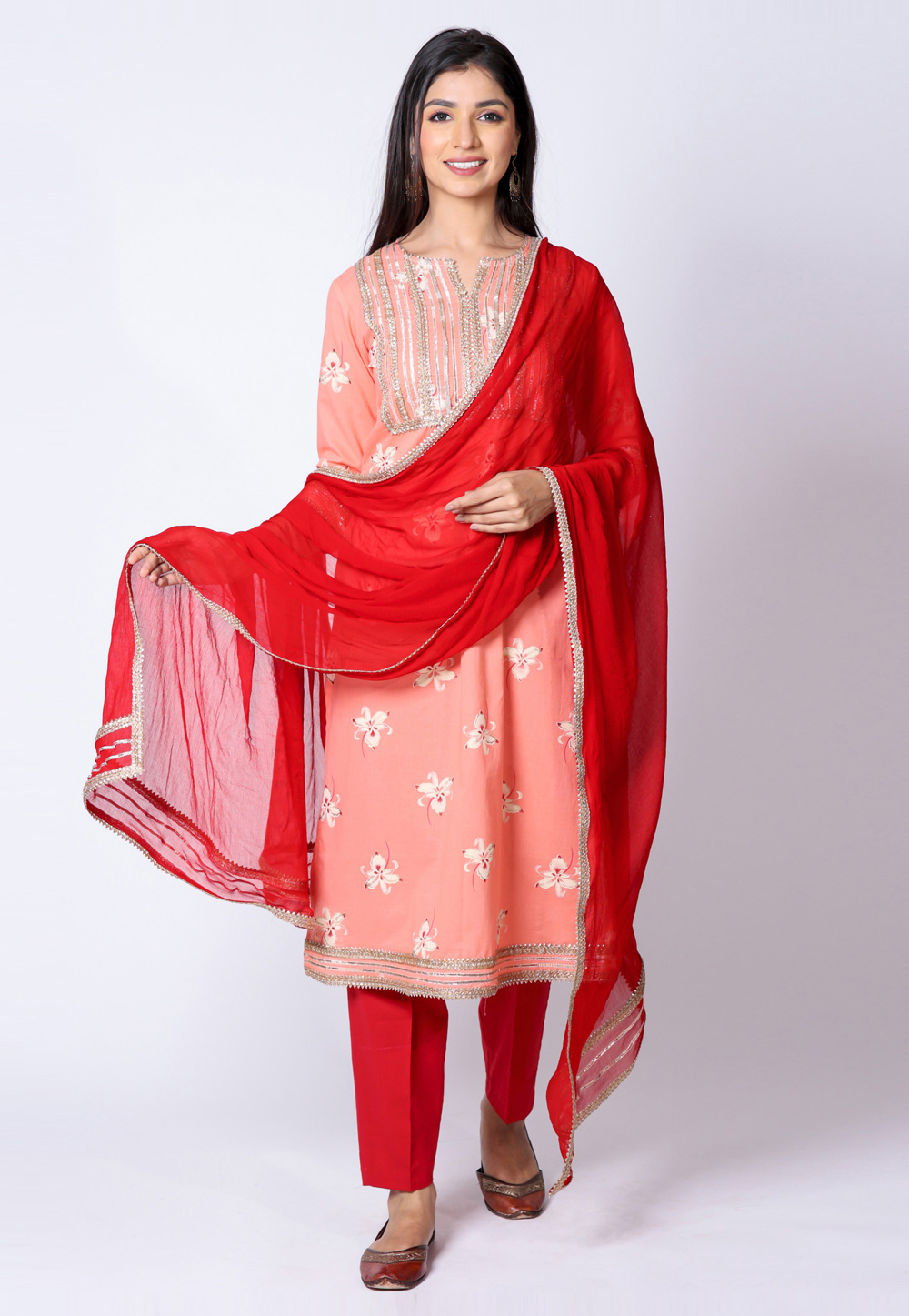 Peach Cotton Readymade Kameez With Pant 217476