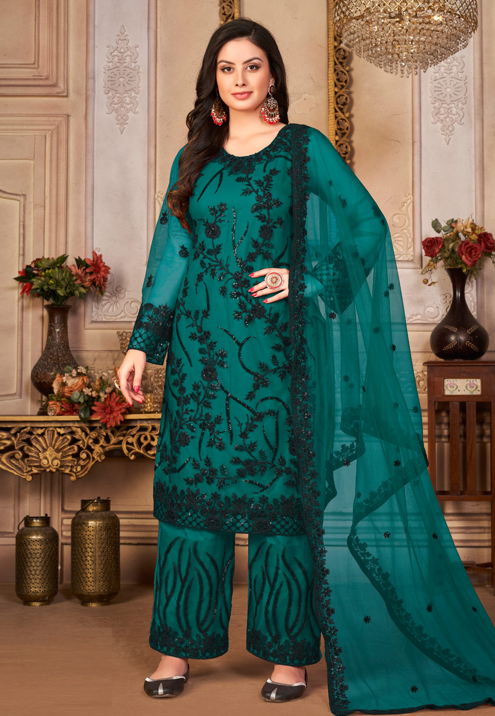 Sea Green Net Palazzo Pant Suit 270934