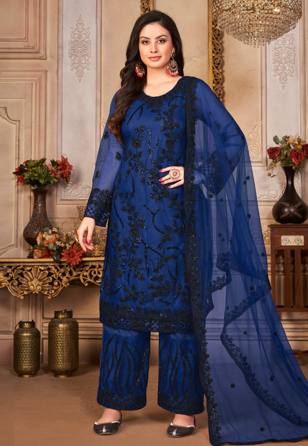 Blue Net Pakistani Suit With Palazzo 270935