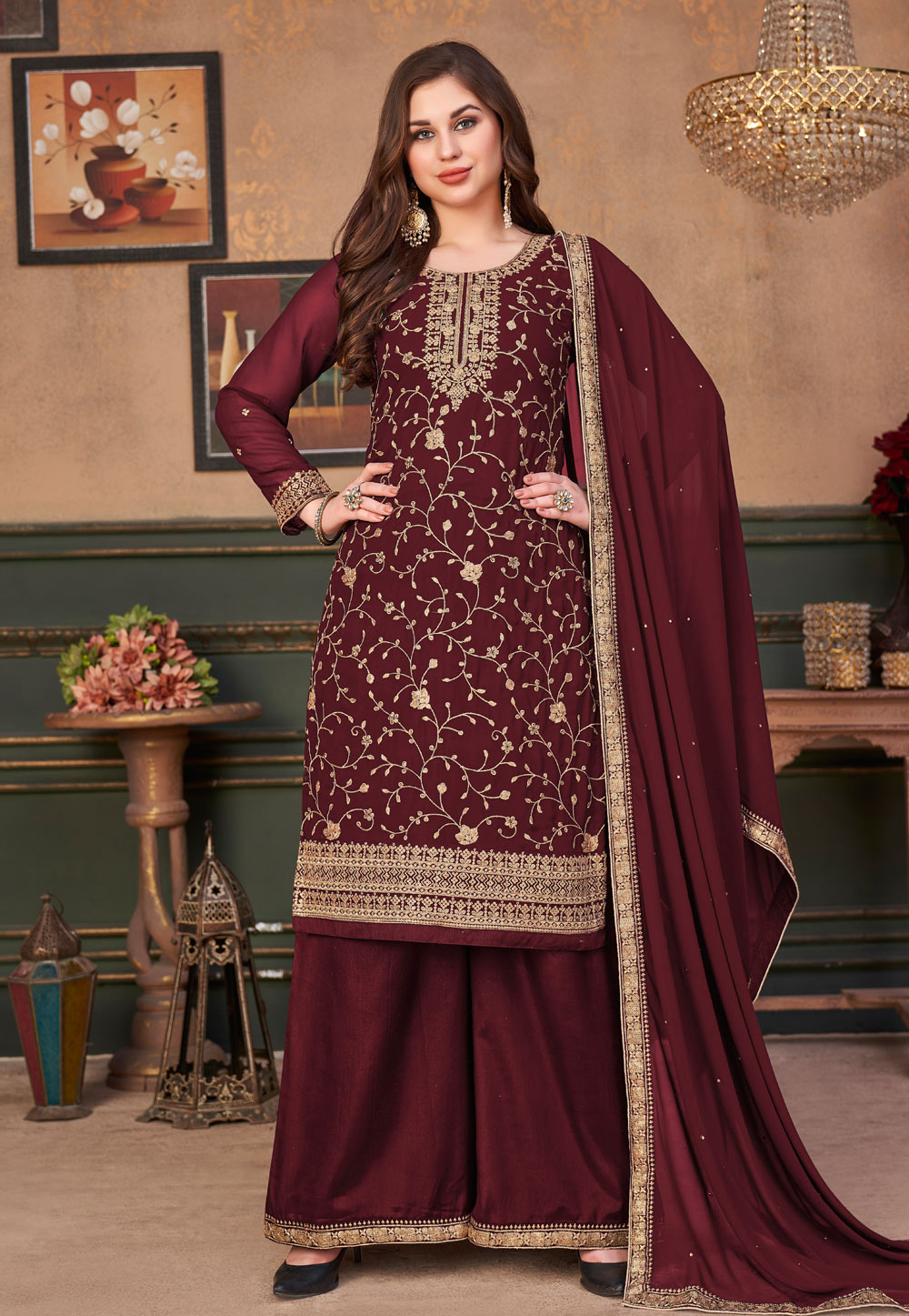 Maroon Faux Georgette Kameez With Palazzo 270925