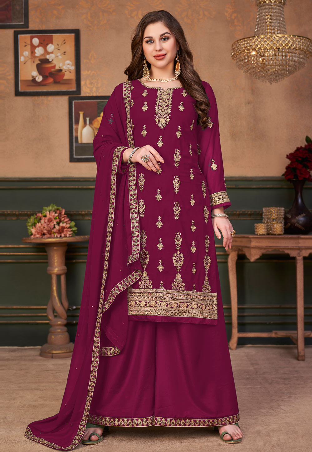 Magenta Faux Georgette Pakistani Suit With Palazzo 270927