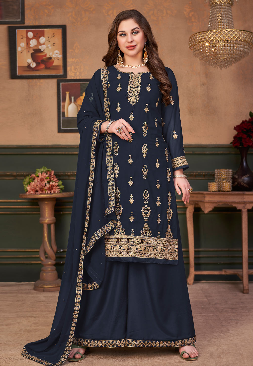 Navy Blue Faux Georgette Palazzo Suit 270928