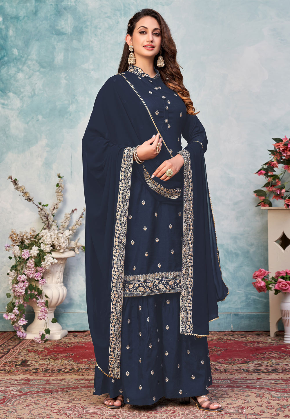 Navy Blue Art Silk Kameez With Palazzo 270931