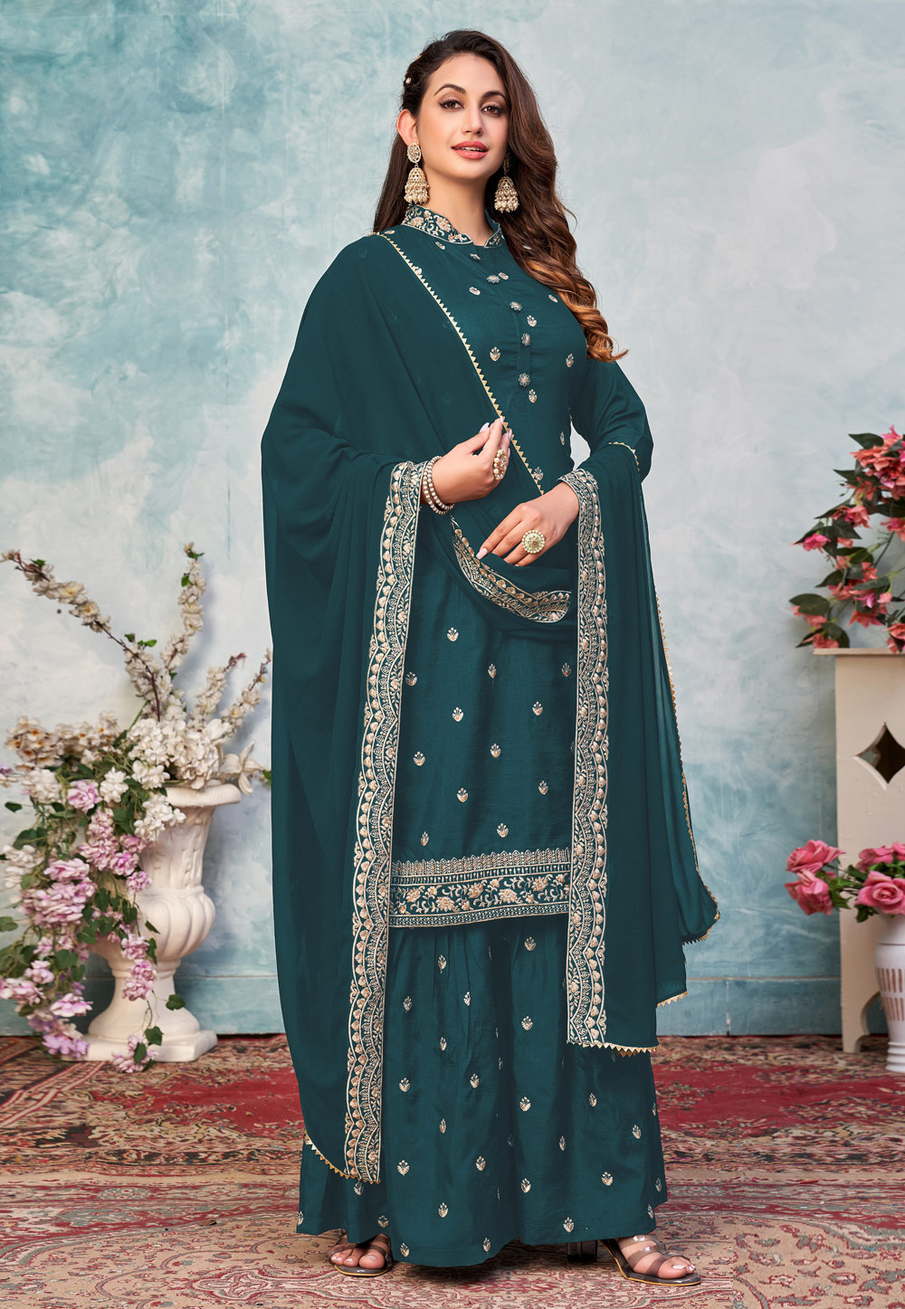 Teal Art Silk Palazzo Salwar Suit 270932