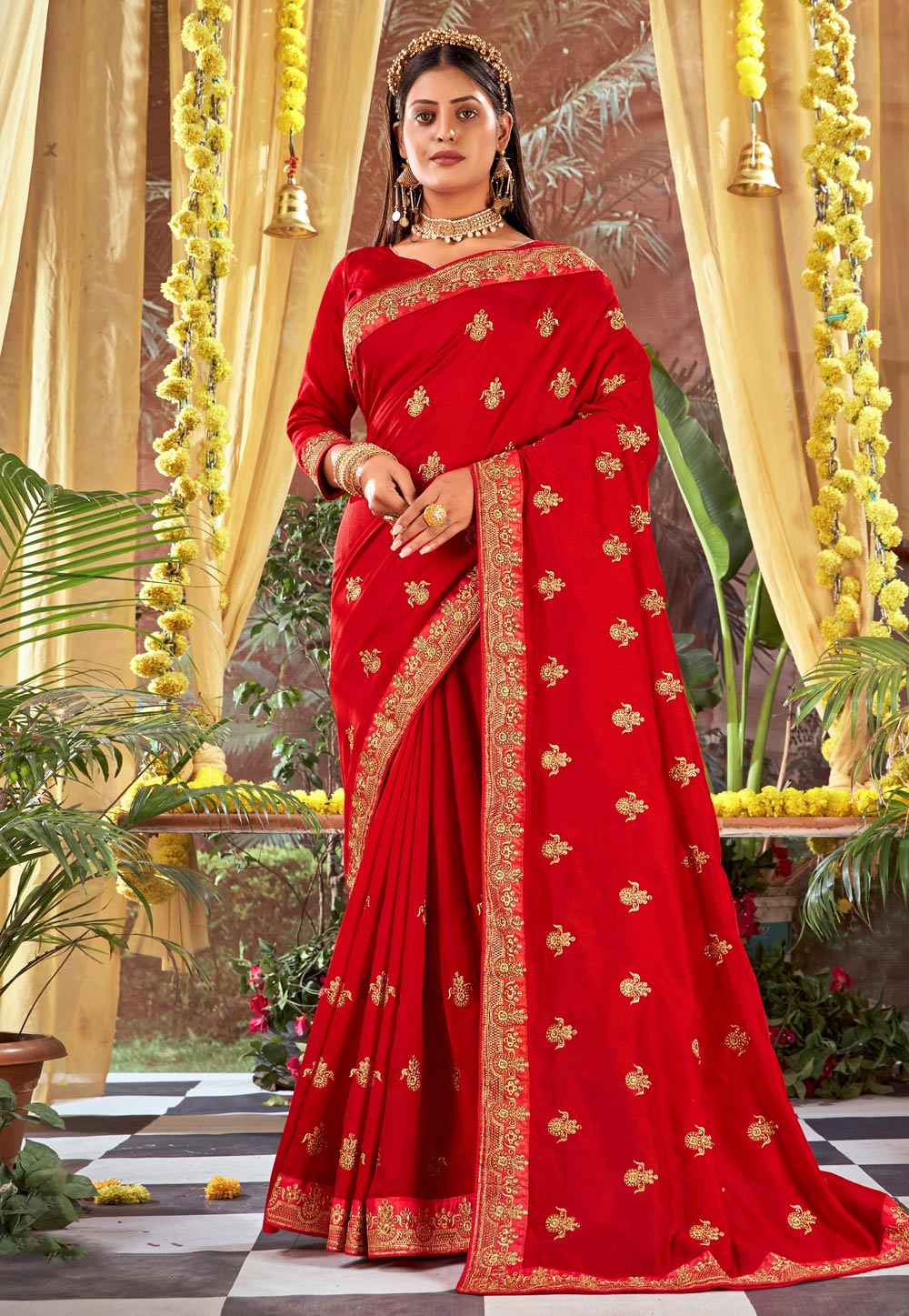 Red Silk Embroidered Saree 245010