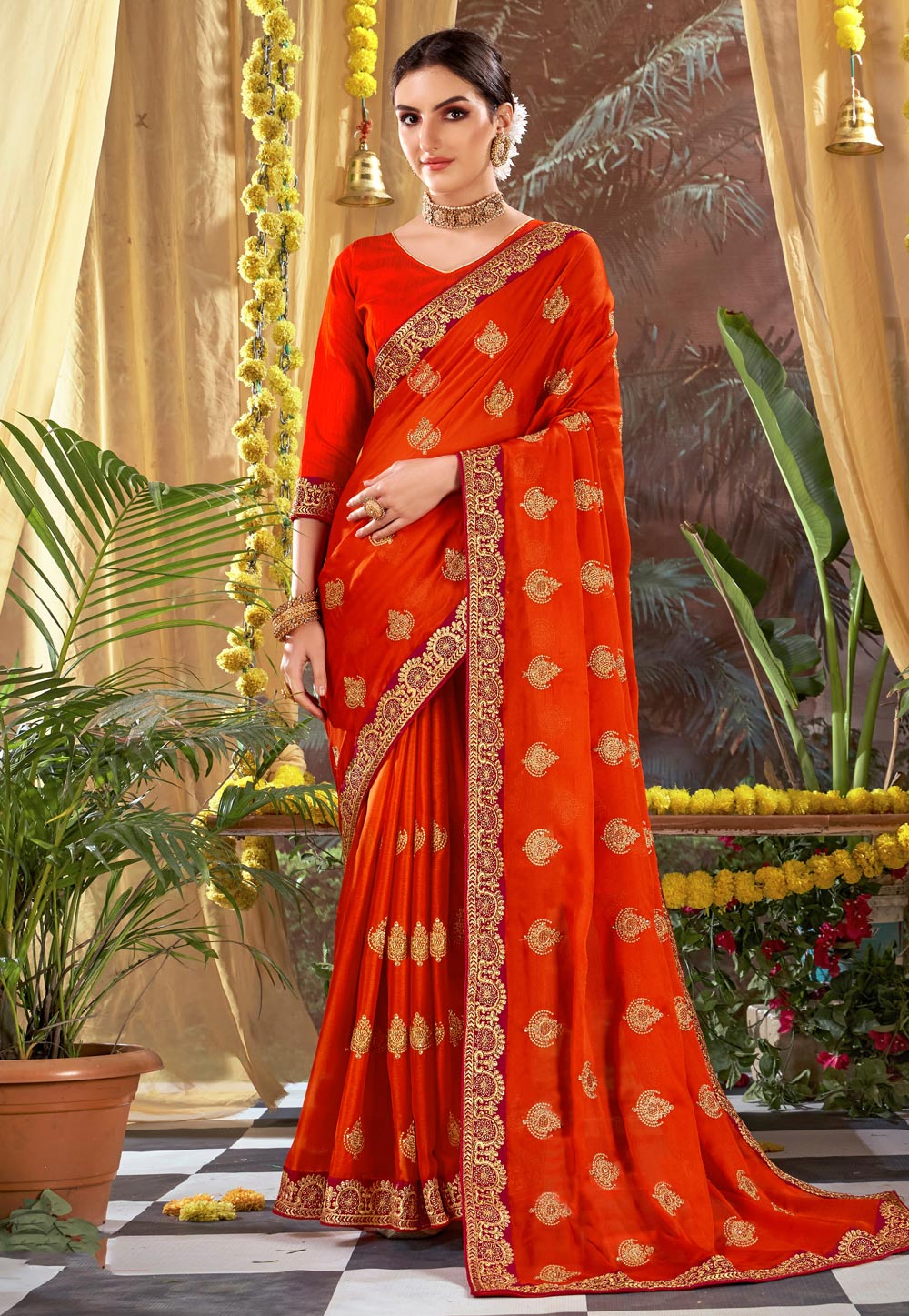 Orange Silk Embroidered Saree 245012