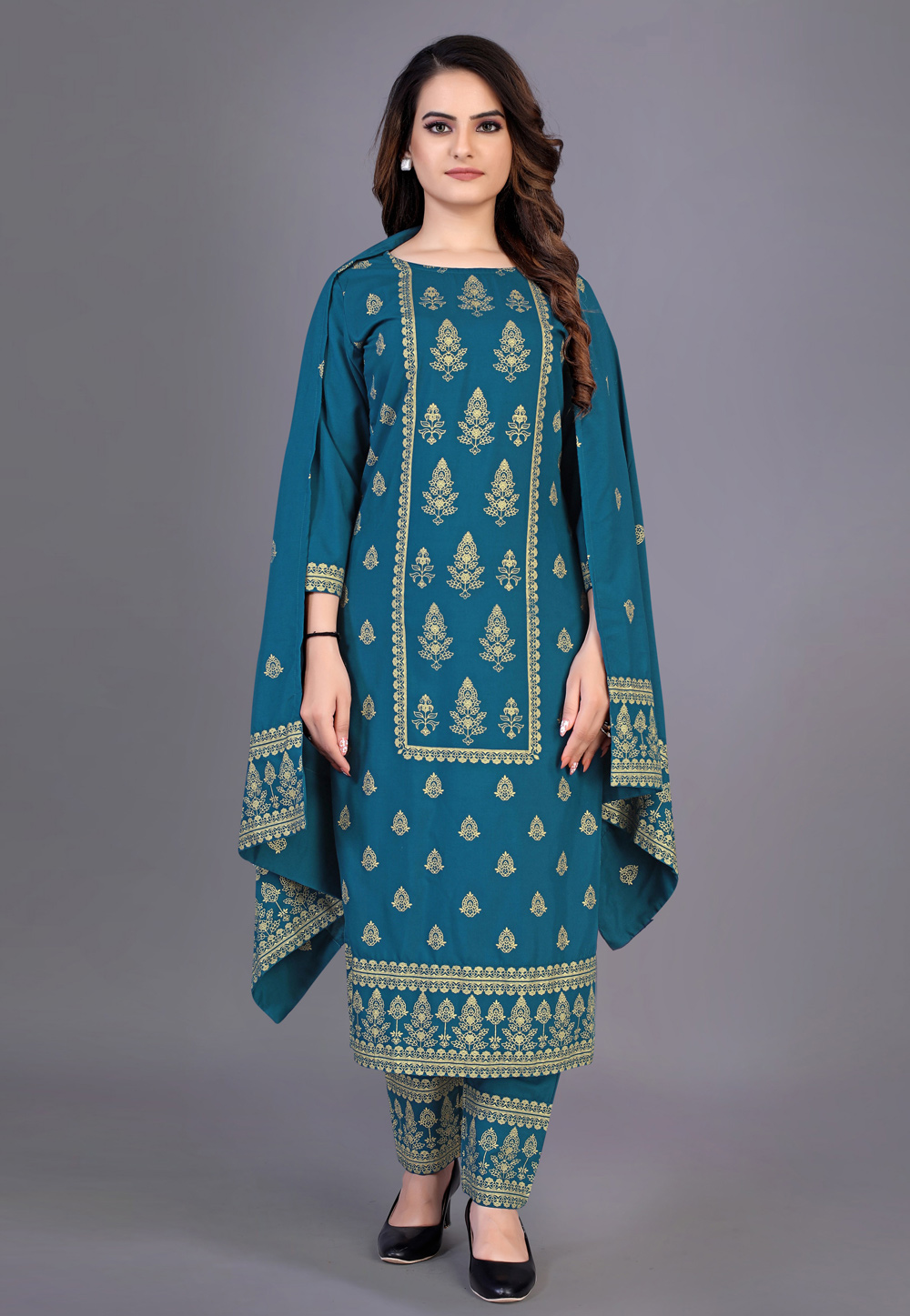 Teal Rayon Readymade Straight Cut Suit 245139