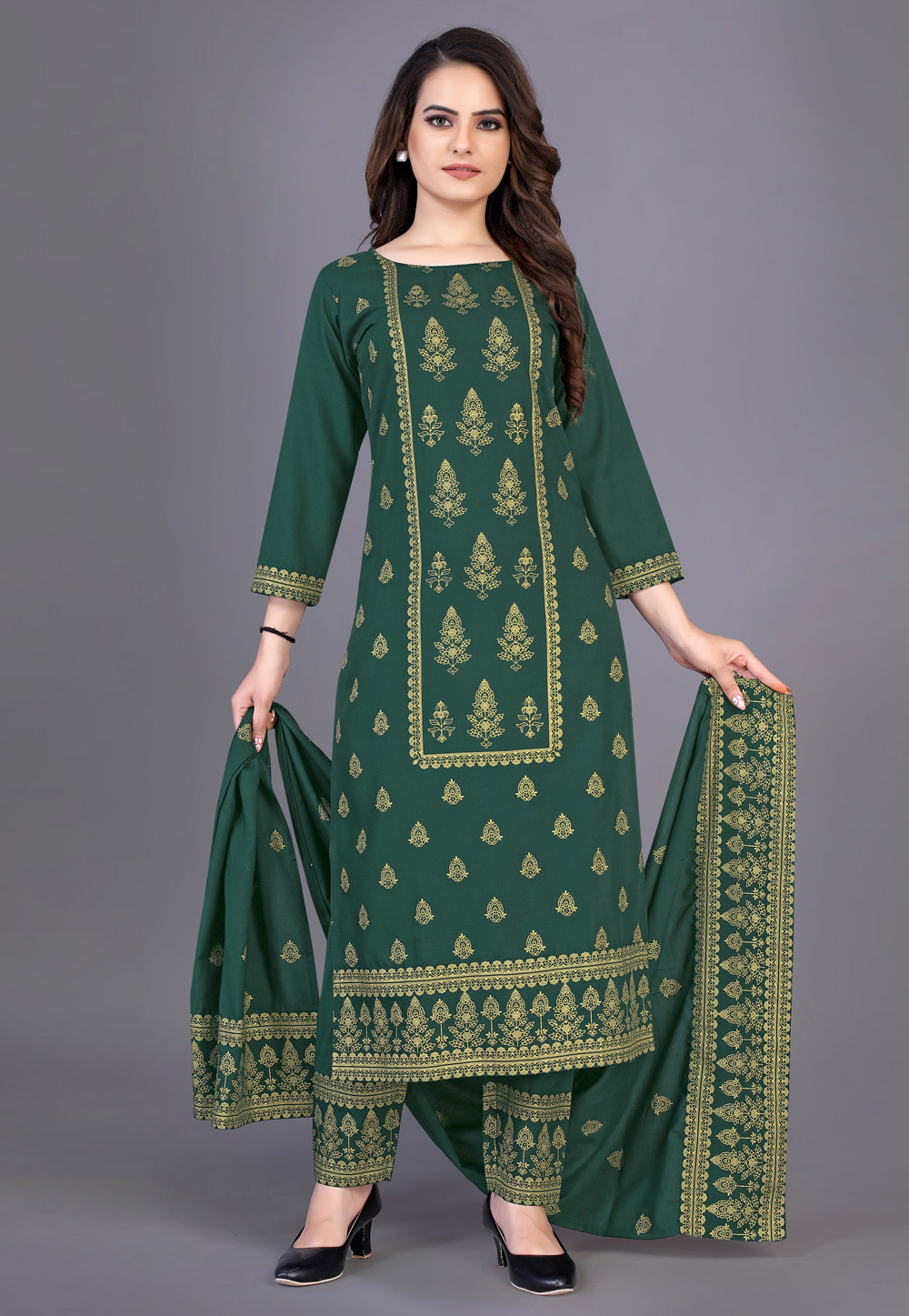 Green Rayon Readymade Straight Cut Suit 245141