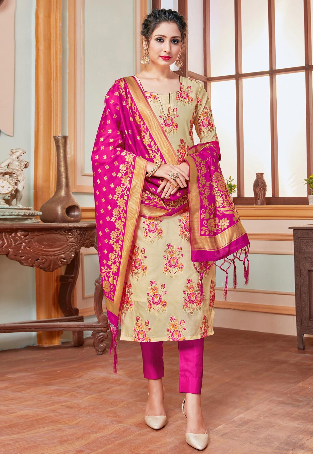 Beige Banarasi Pant Style Suit 233835