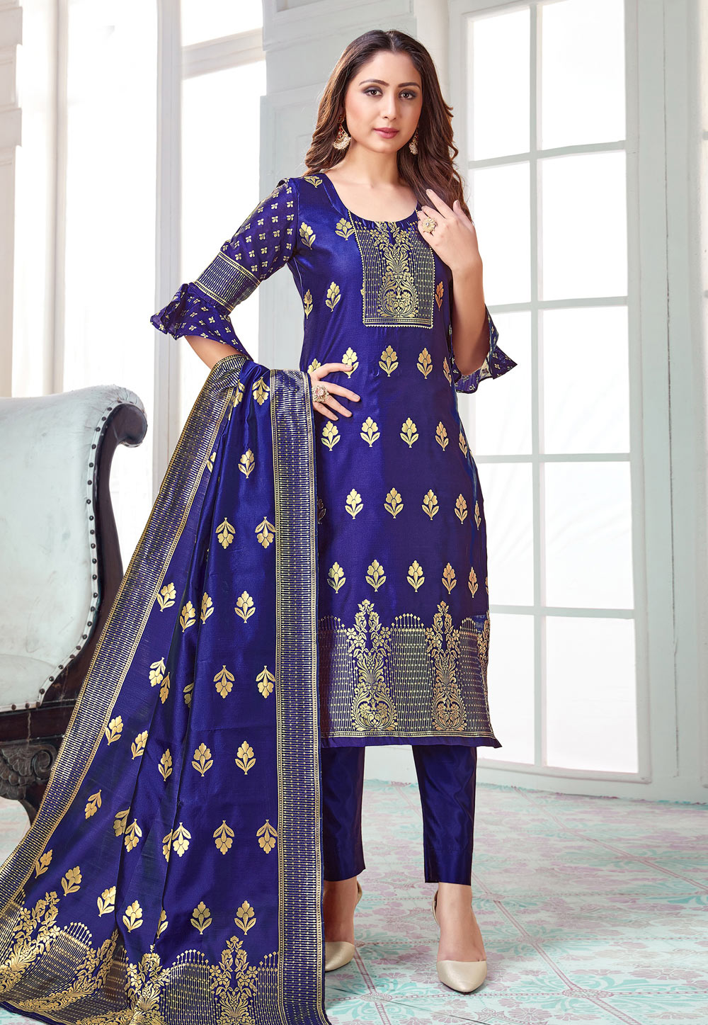 Blue Banarasi Pant Style Suit 233847