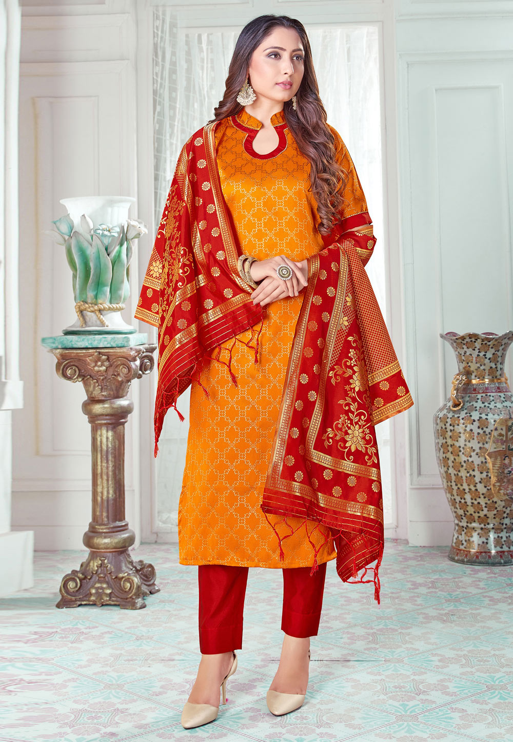 Orange Banarasi Pant Style Suit 233853
