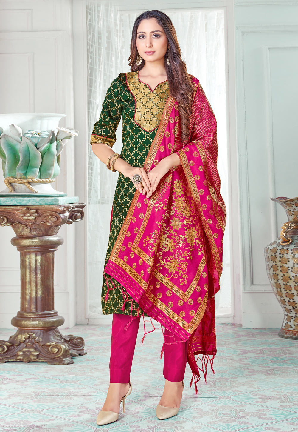 Green Banarasi Pant Style Suit 233855