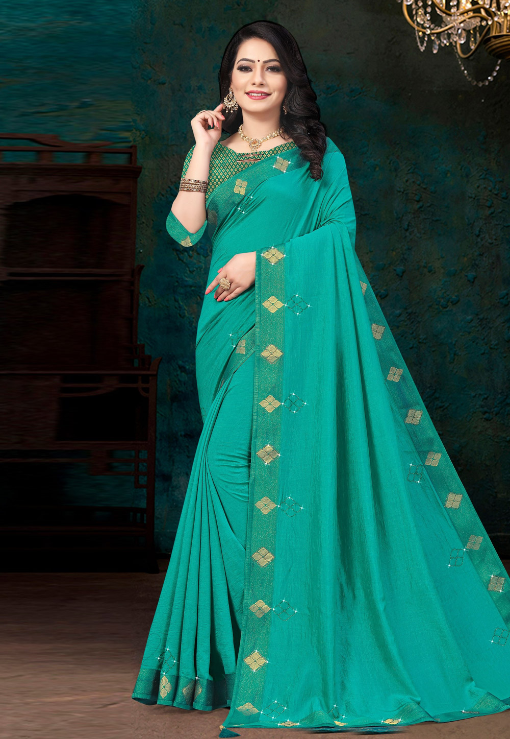 Turquoise Silk Saree With Blouse 234888