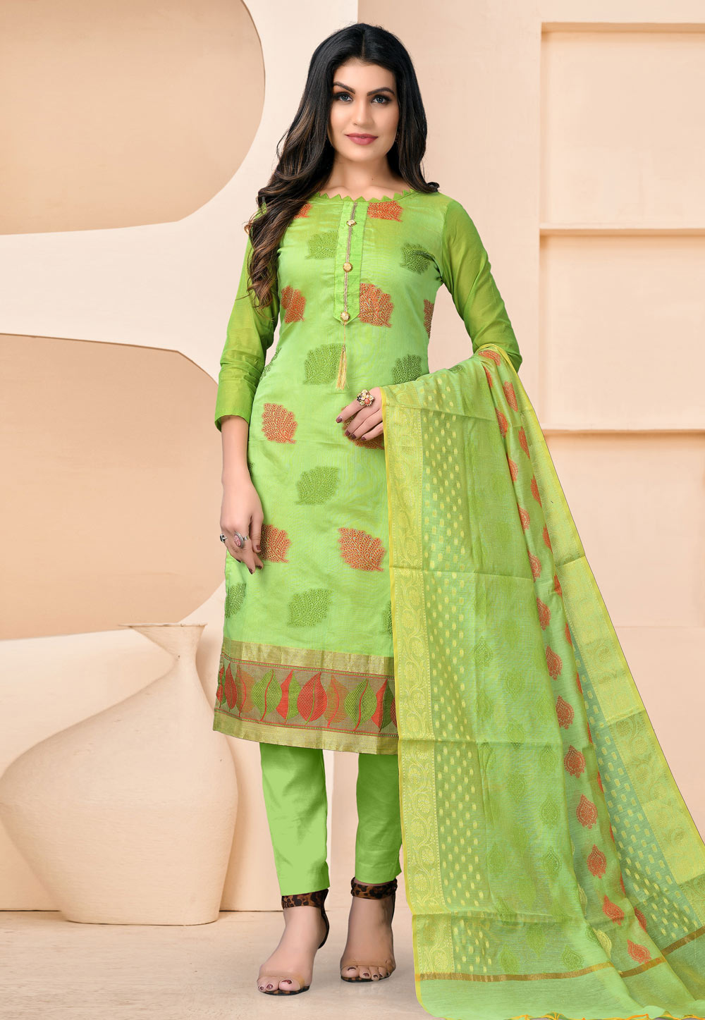 Light Green Banarasi Jacquard Pant Style Suit 240780