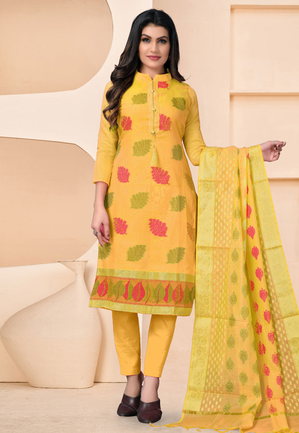 Yellow Banarasi Jacquard Pant Style Suit 240782