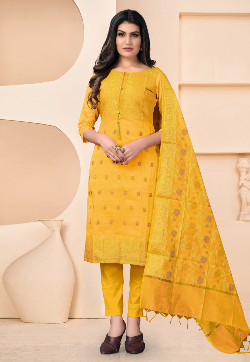 Yellow Banarasi Jacquard Pant Style Suit 240784
