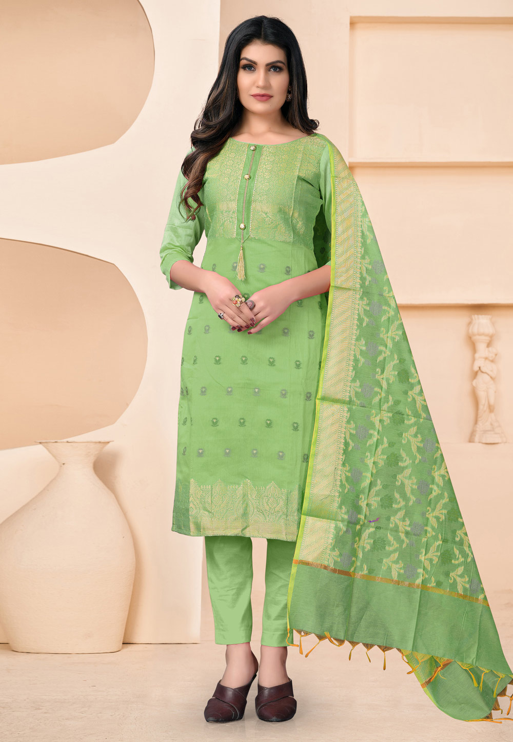 Light Green Banarasi Jacquard Pant Style Suit 240786