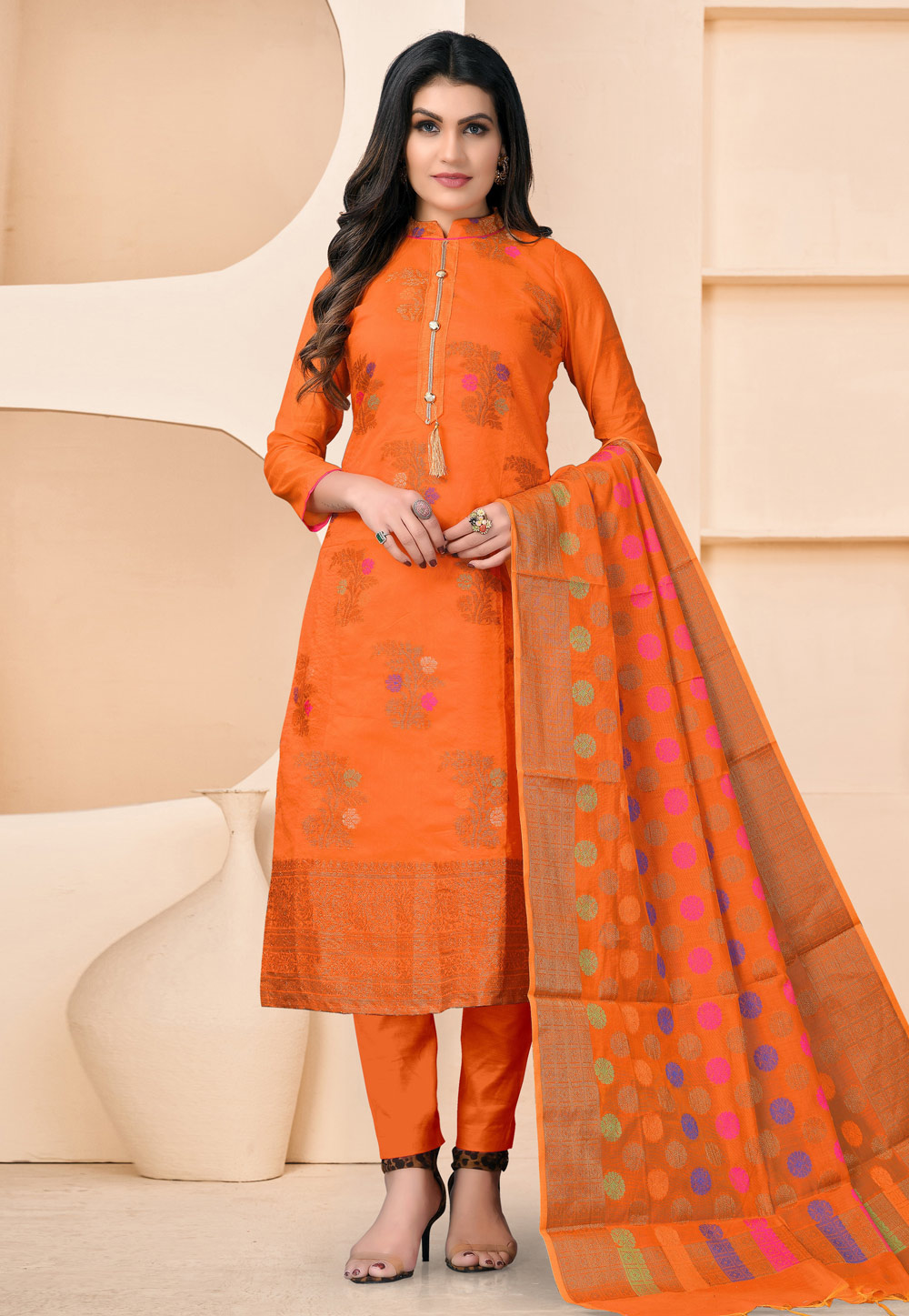 Orange Banarasi Jacquard Pant Style Suit 240788