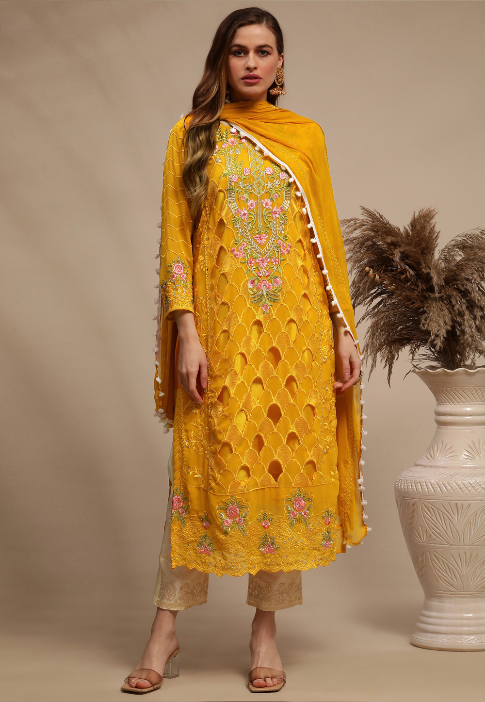 Yellow Georgette Pant Style Suit 240478