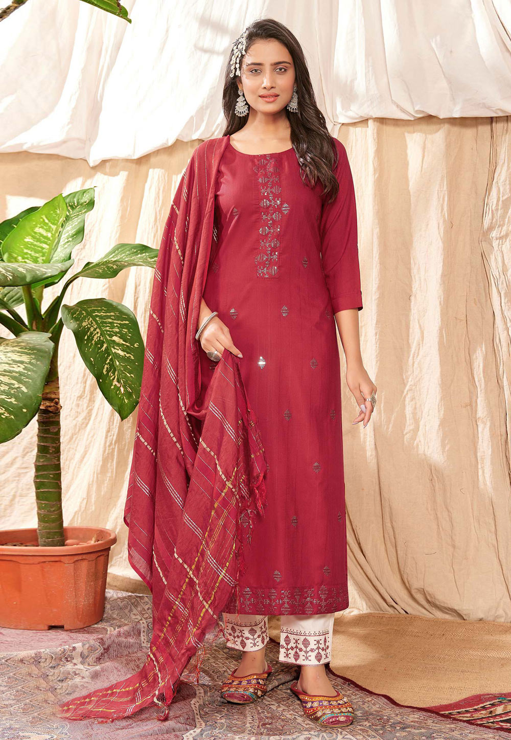 Maroon Cotton Readymade Kameez With Pant 241991