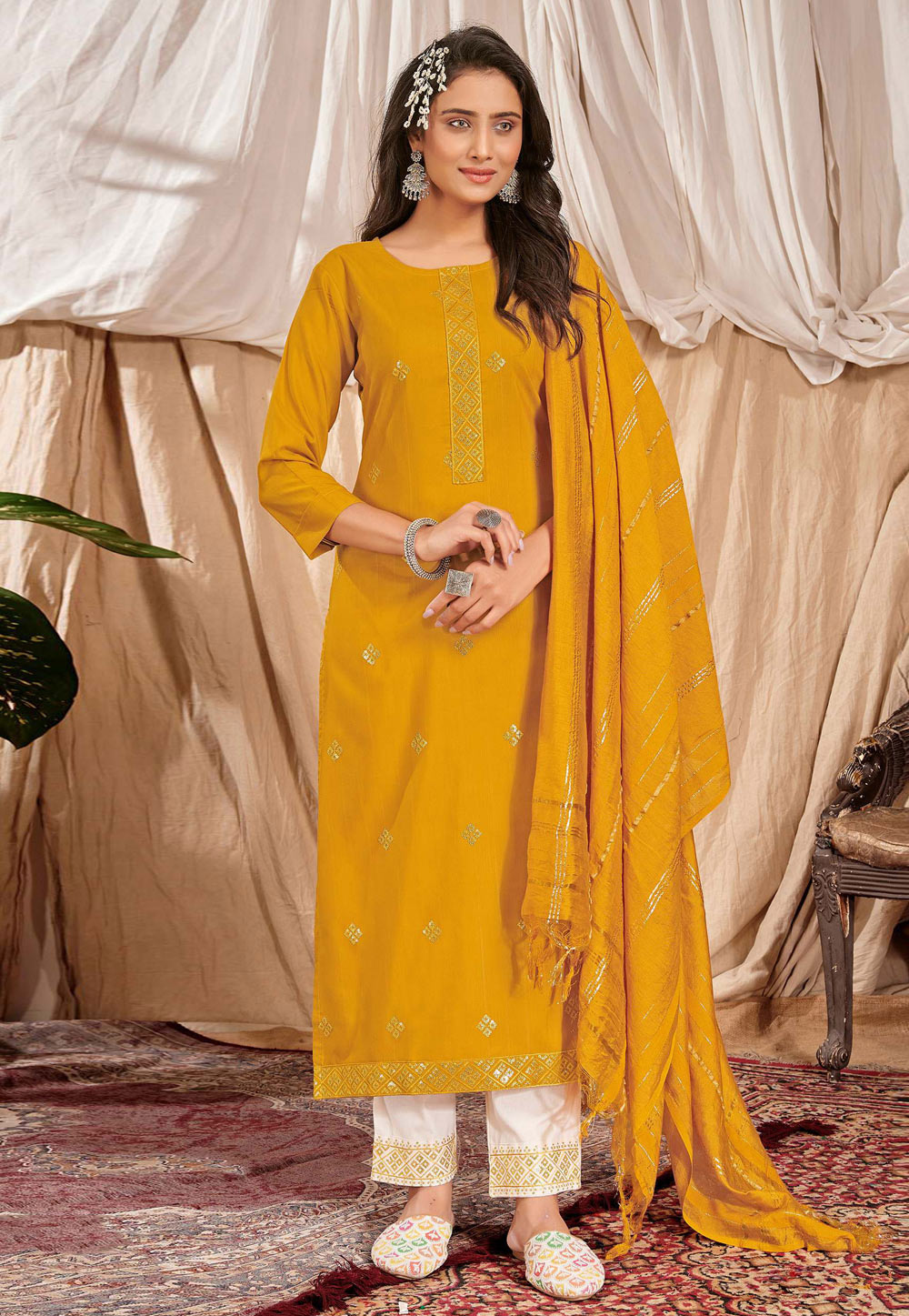 Mustard Cotton Readymade Pant Style Suit 241992