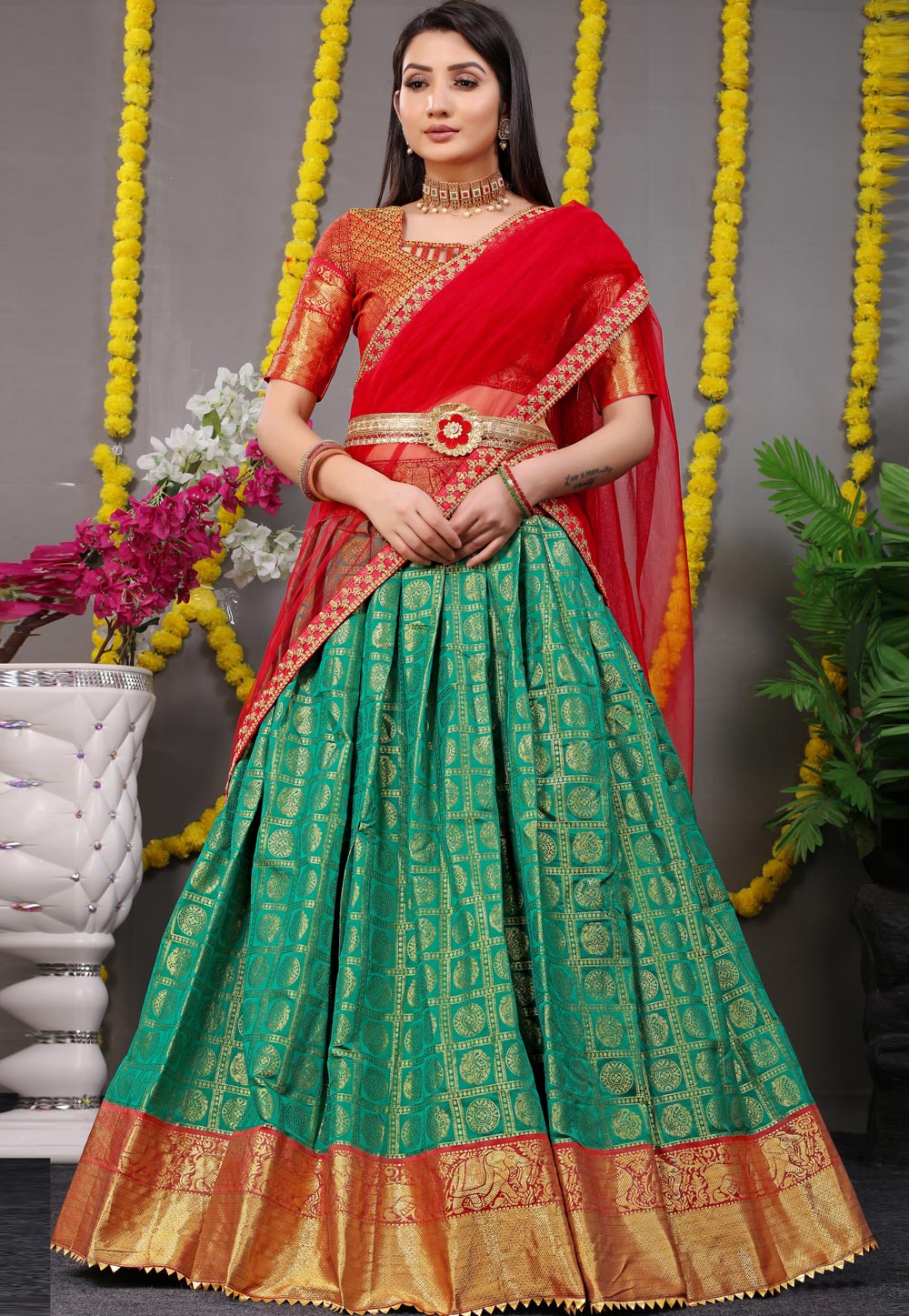 Navratri Special Green and white Mirror Bandhani lehenga choli with Red  Duptta set. | zeelpin.com