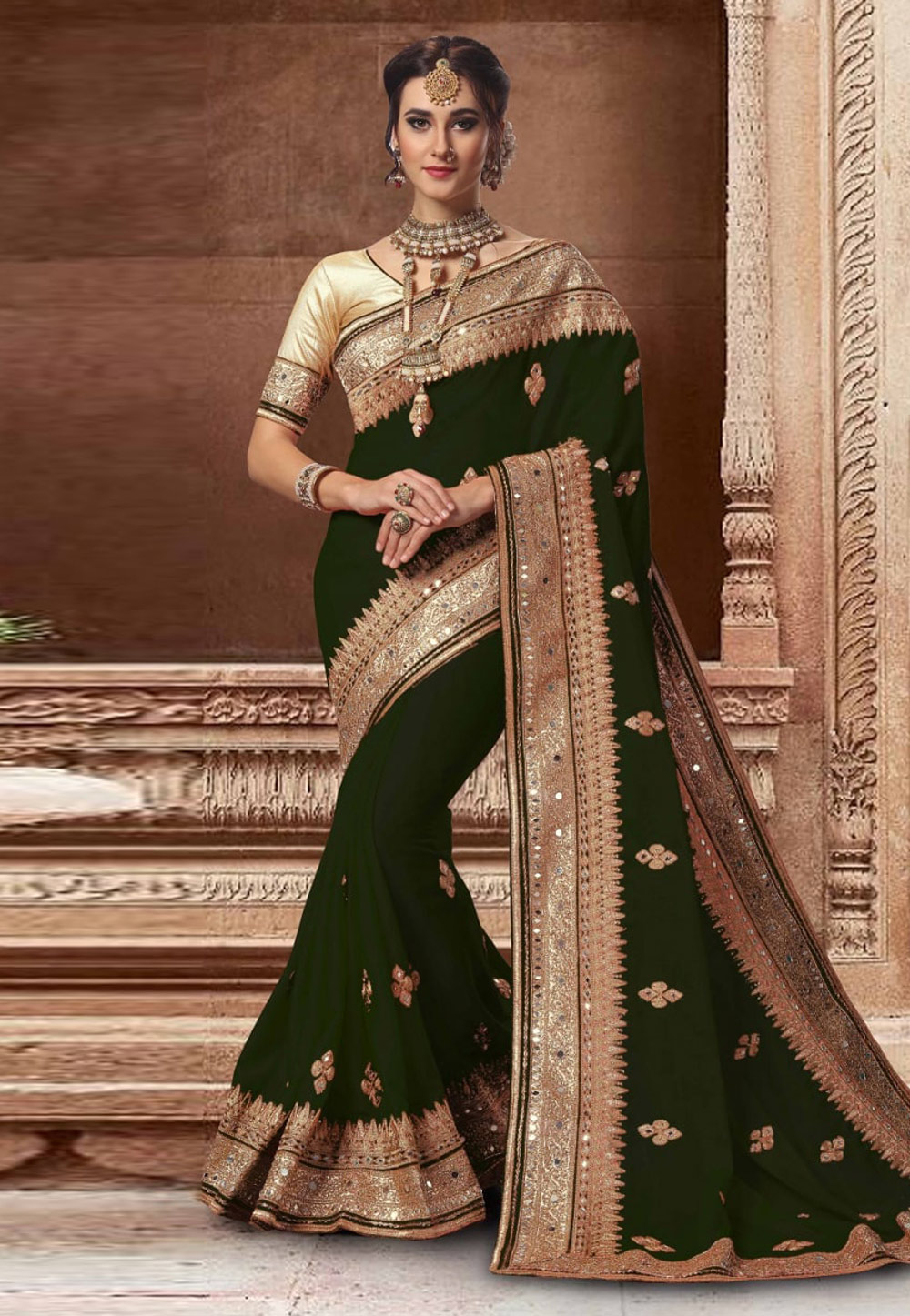 Green Satin Embroidered Saree With Blouse 244378