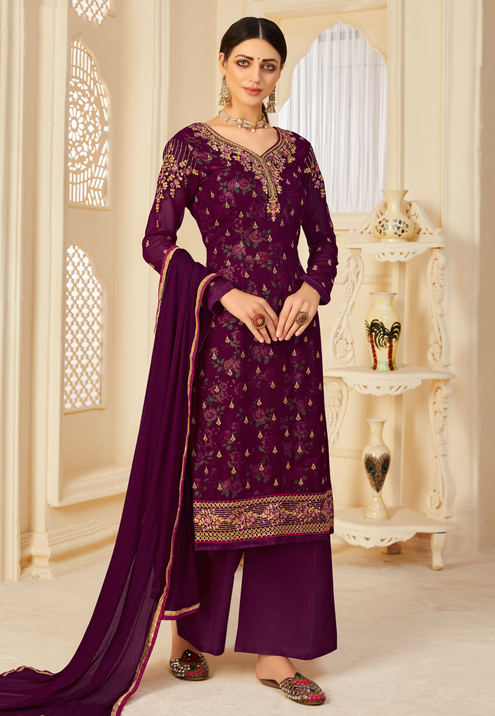 Wine Georgette Embroidered Palazzo Suit 244567