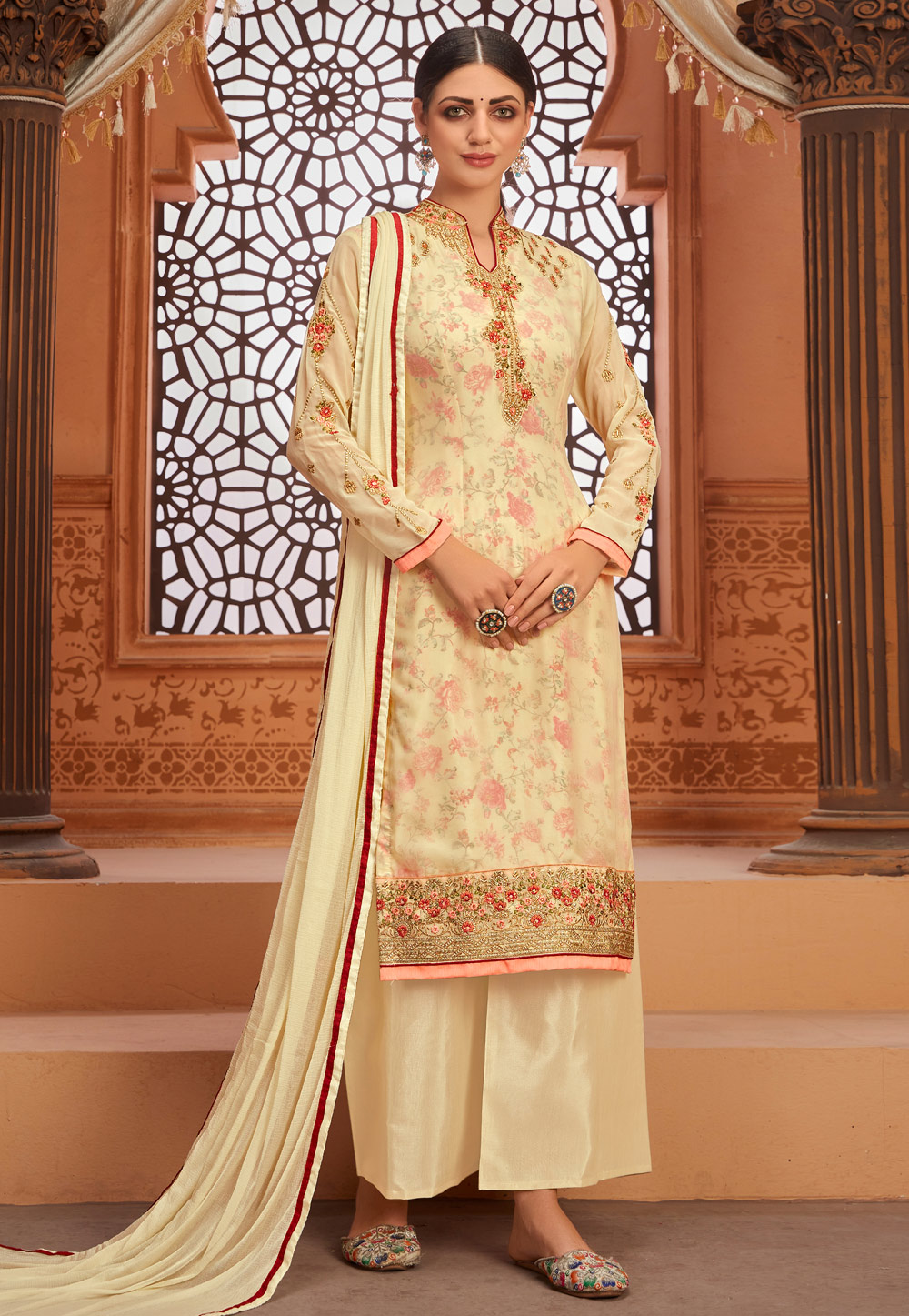 Cream Georgette Embroidered Kameez With Palazzo 244568