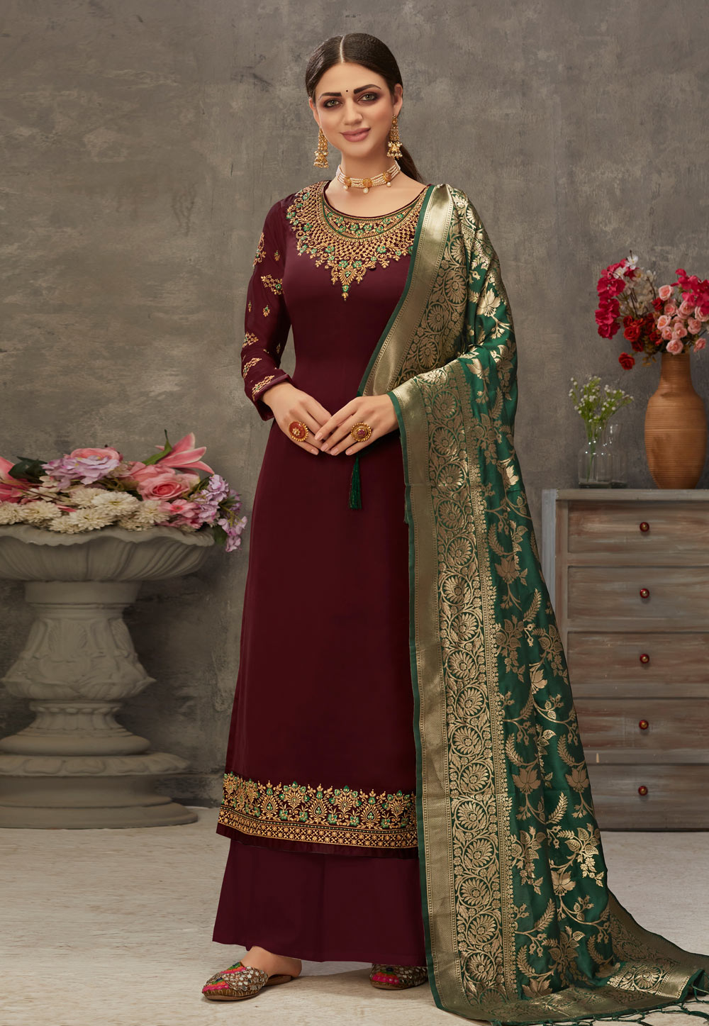 Maroon Satin Embroidered Palazzo Suit 244561