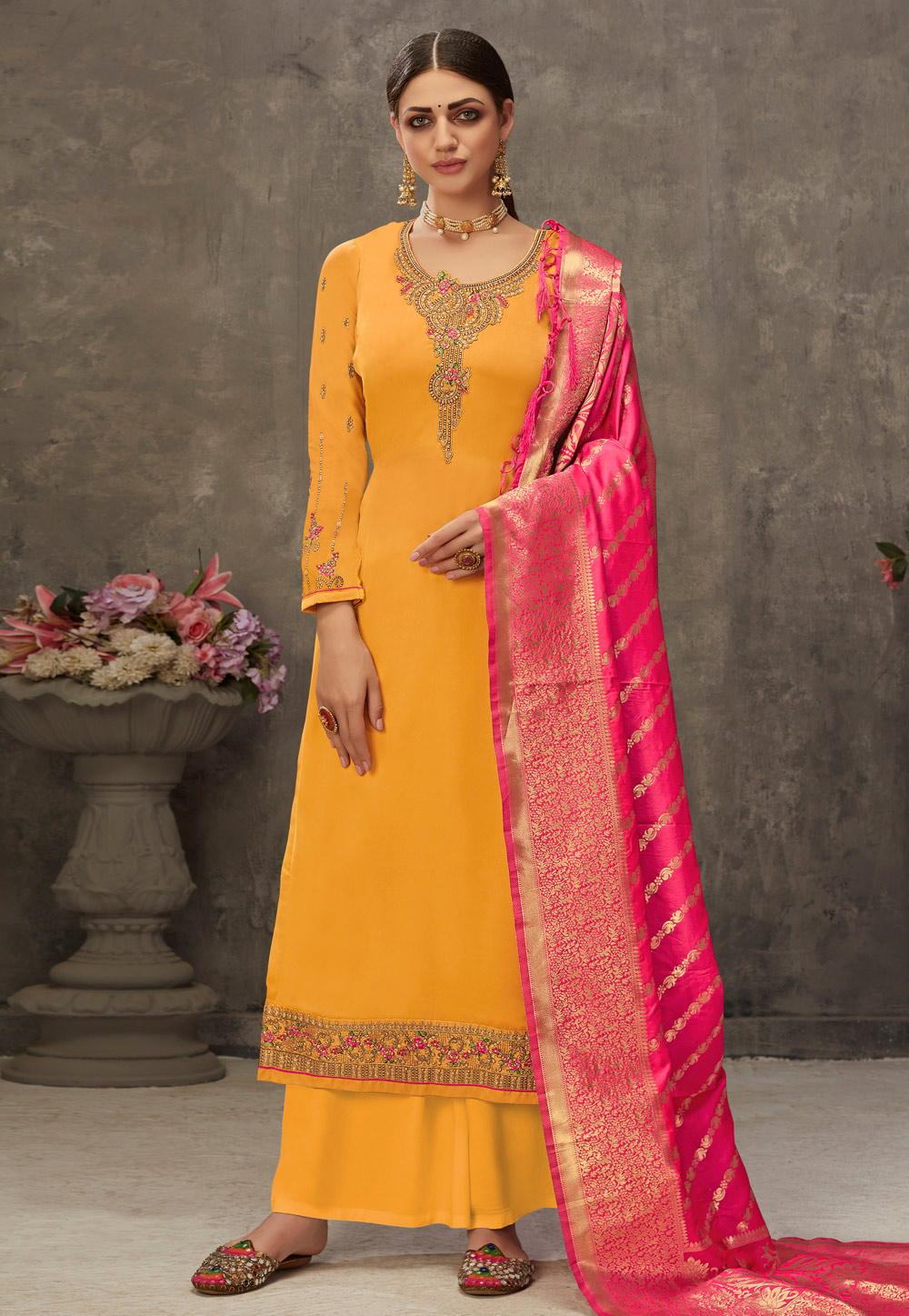 Mustard Satin Embroidered Kameez With Palazzo 244562