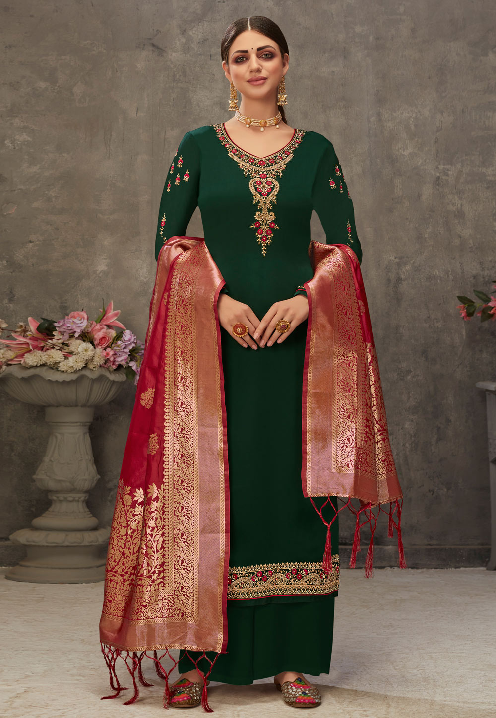 Green Satin Embroidered Kameez With Palazzo 244564
