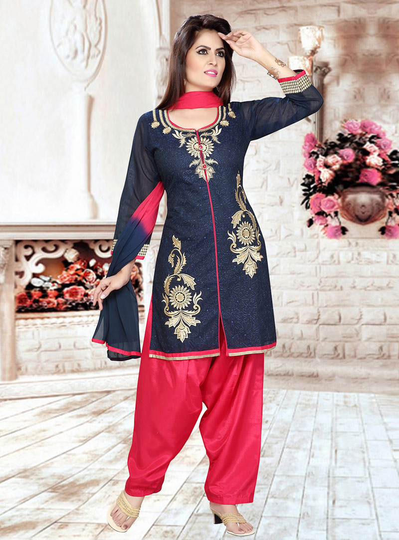 Navy Blue Art Silk Readymade Punjabi Suit 92227
