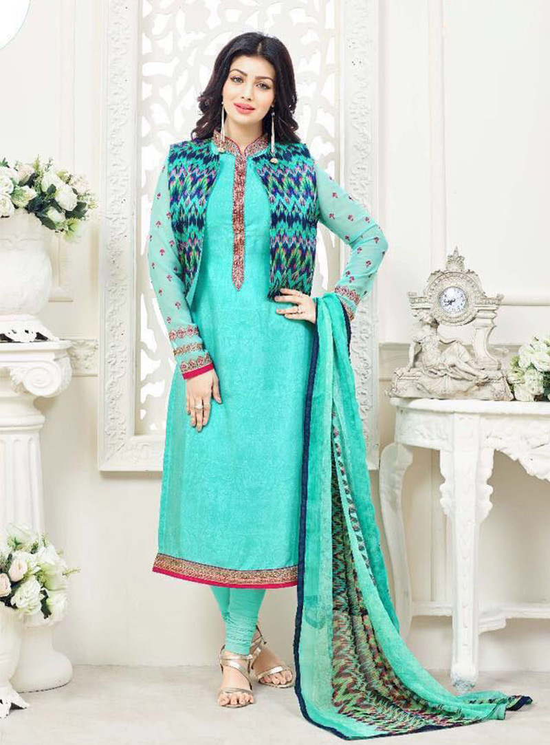 Ayesha Takia Turquoise Crepe Jacket Style Kameez With Churidar 89636