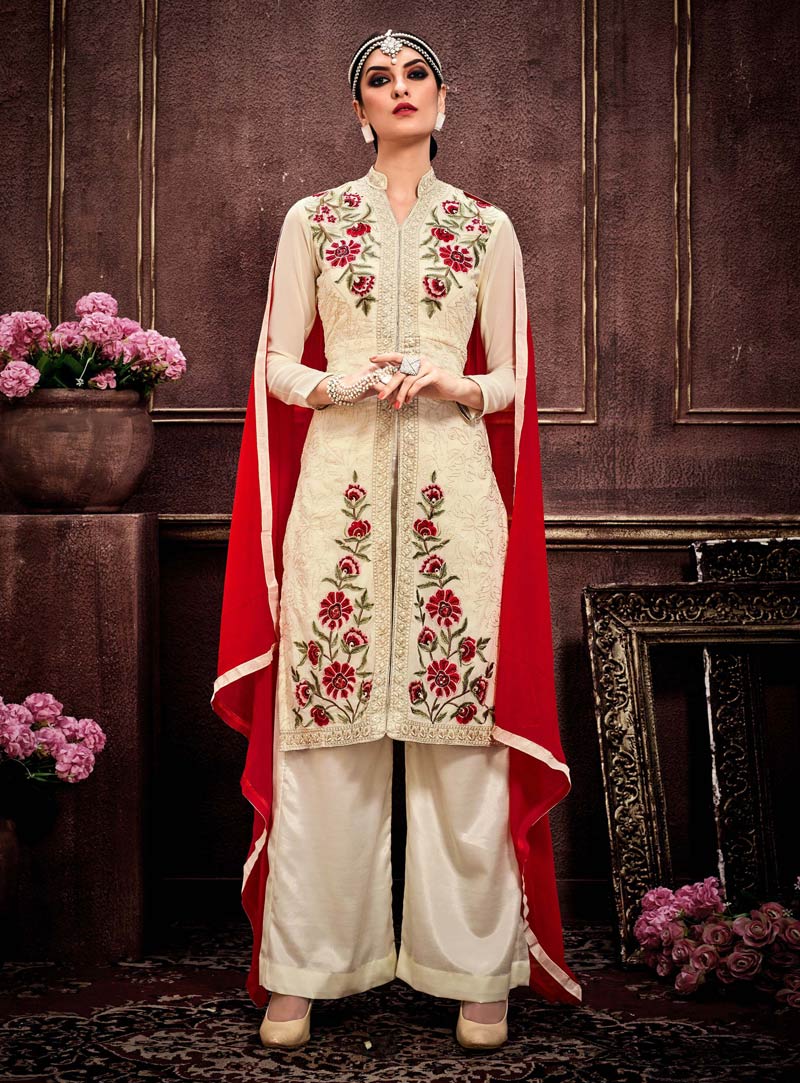 Cream Faux Georgette Palazzo Style Suit 91223