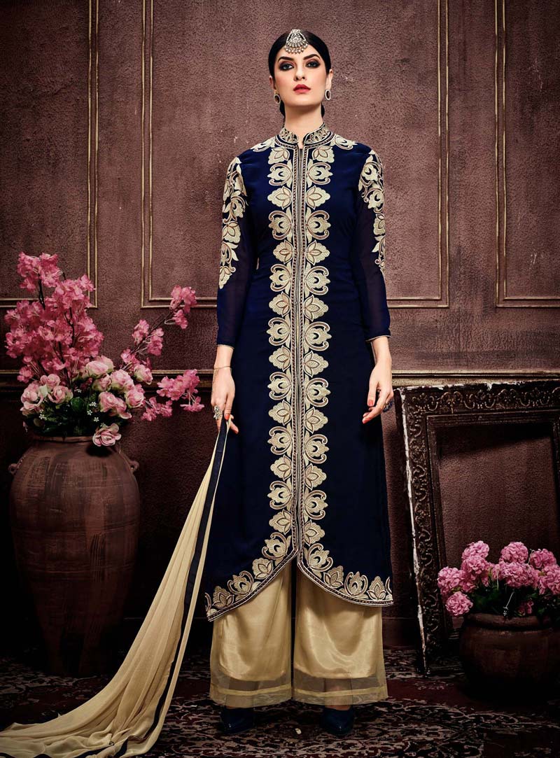 Navy Blue Faux Georgette Palazzo Style Suit 91229