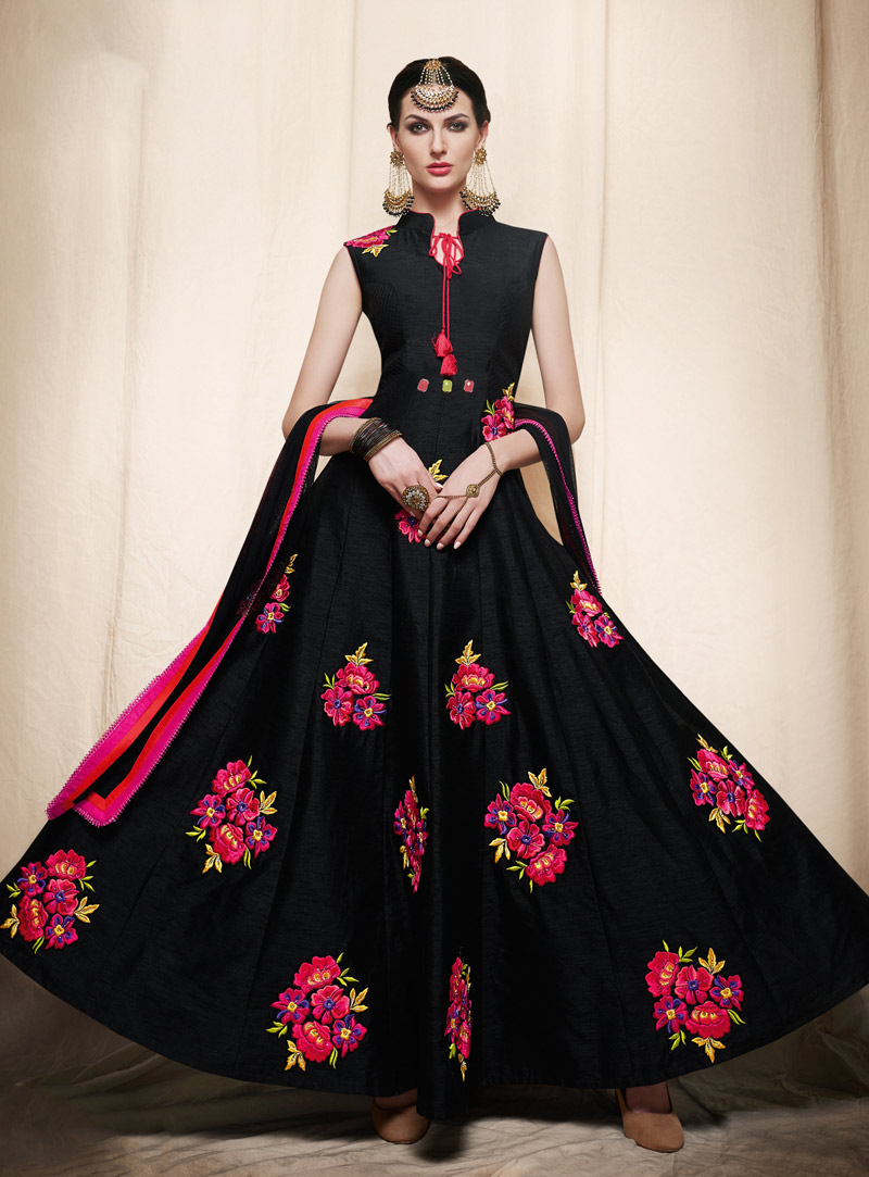 Black Art Silk Readymade Long Anarkali Suit 91305